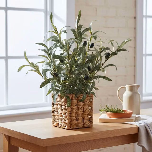 Madison & Mayfair Artificial Mediterranean Olive Tree in a Green and Brown Rattan Basket, Height: 43.18 cm – 2