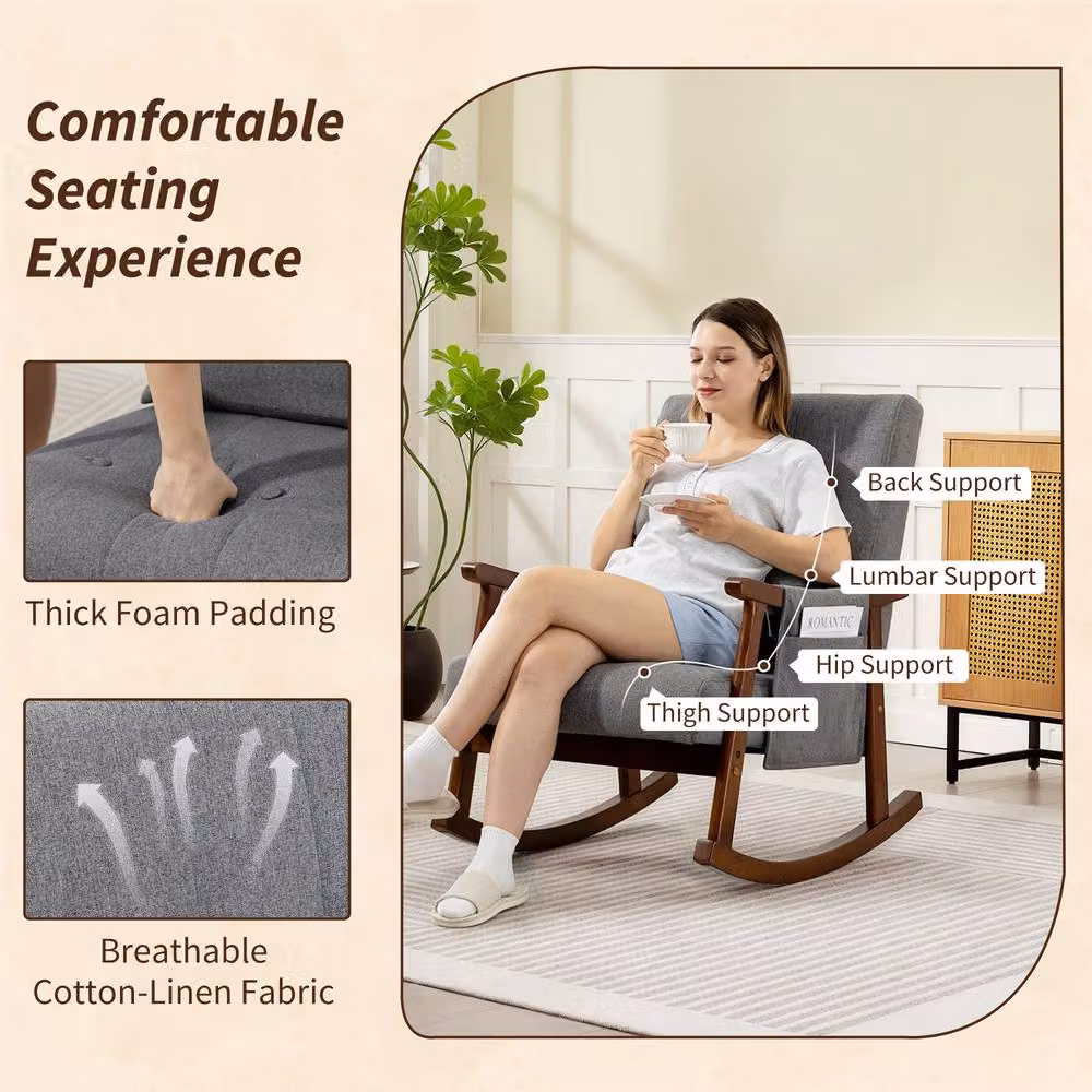 STILVORA Mid-Century Rocking Chair with Armrests and Side Pocket in Grey Fabric and Rubberwood Frame – 5
