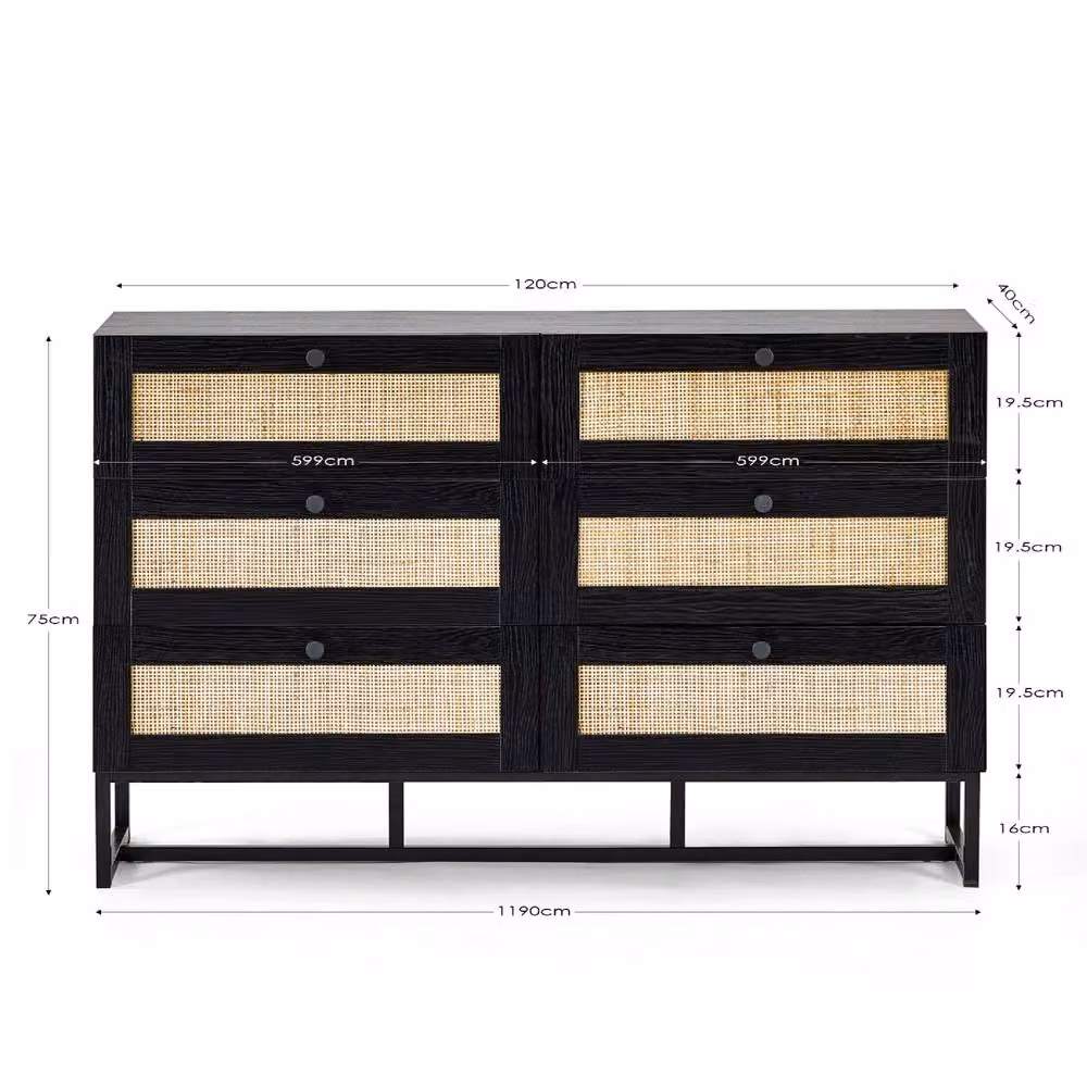 Cheshire Premium Trelawny 6 Drawer Chest in Black with Rattan Details, W/D/H: 120 x 75 x 40 cm – 5