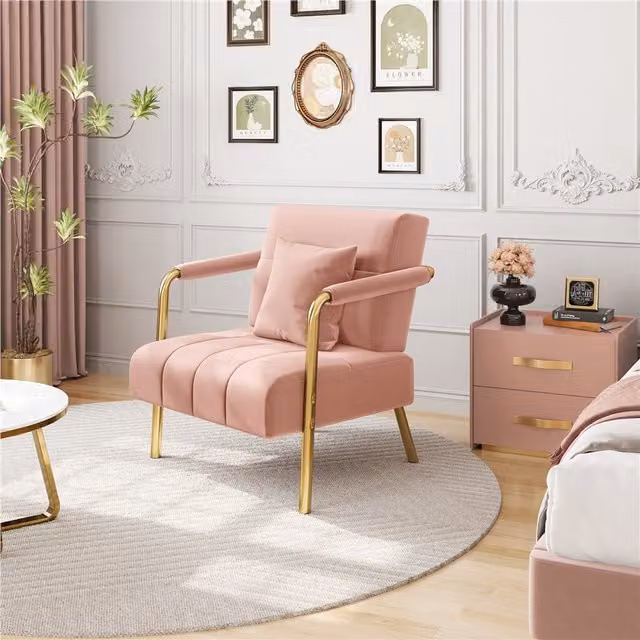 Yaheetech Pink Velvet Accent Armchair with Pillow and Gold Details
