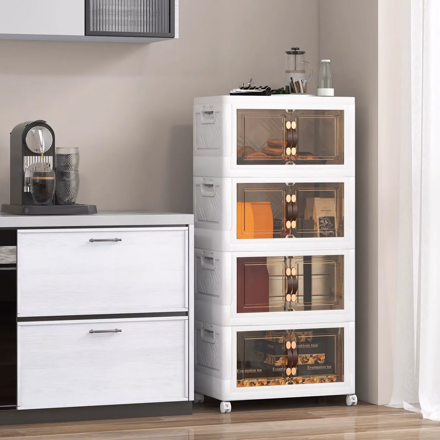 Costway 4 Pack Stackable Folding Storage Cabinets with Lockable Wheels and Glass Doors in White – 5
