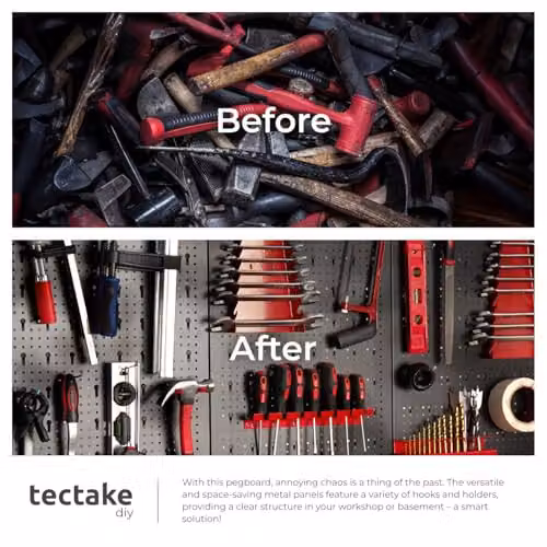 tectake 4-Panel Metal Pegboard Wall-Mounted Tool Organiser with Hooks and Holders in Black and Red – 5
