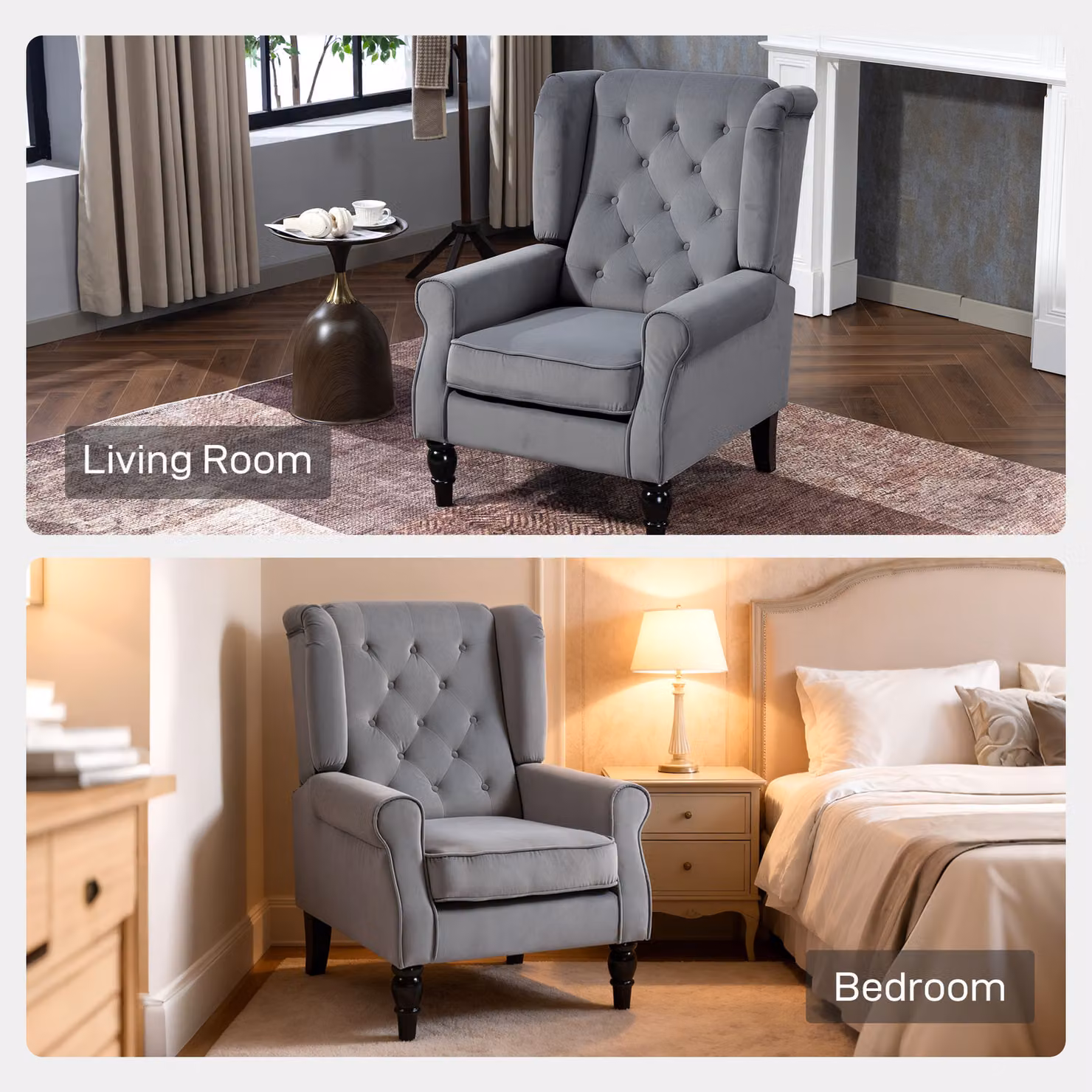 HOMCOM Retro Wingback Accent Chair in Light Grey Velvet Fabric with Button Tufting and Solid Wood Frame – 6