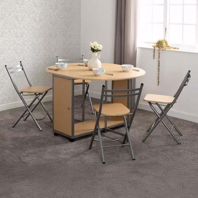 Seconique Modern Round Butterfly Foldaway Dining Set in Beech and Silver