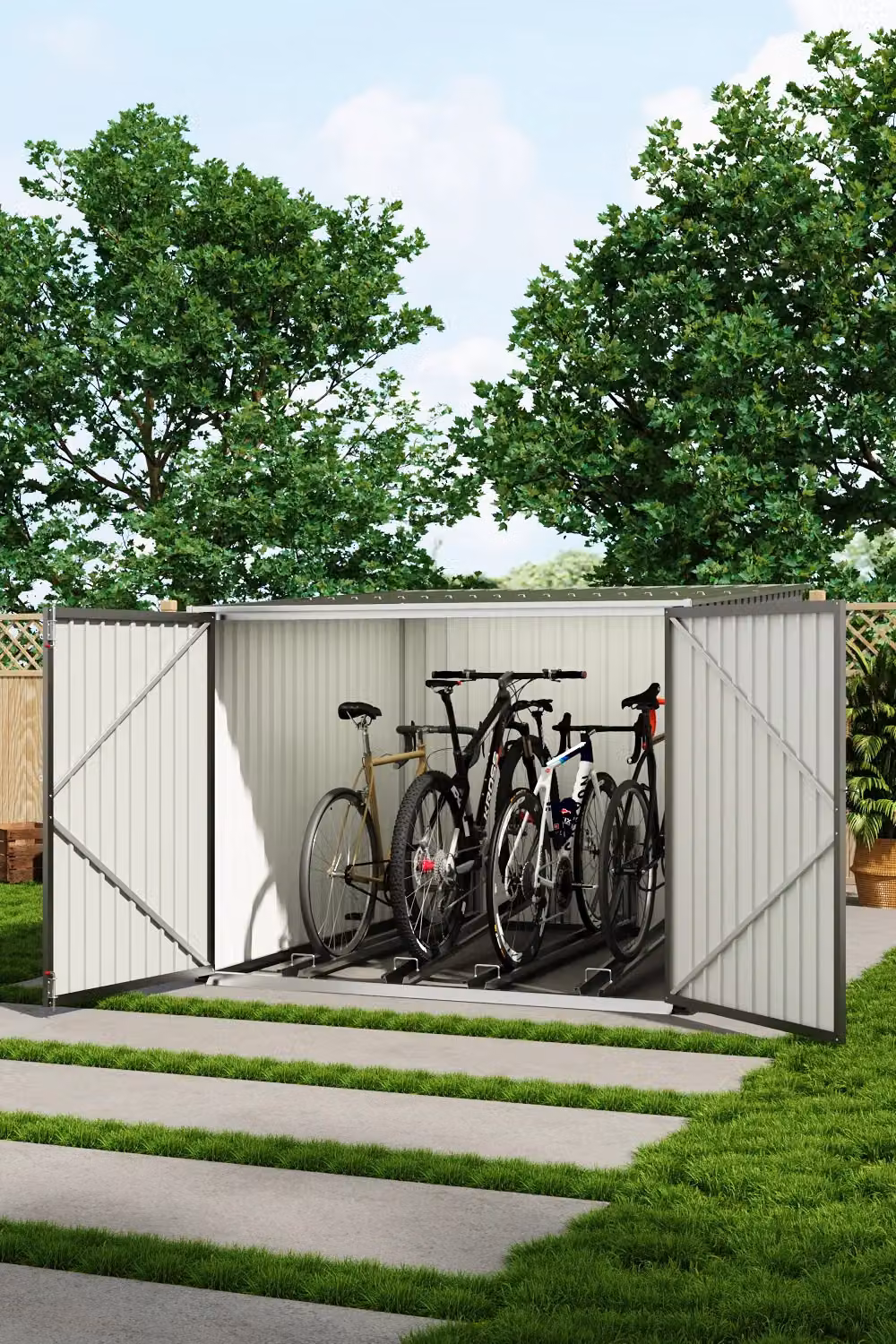 Living and Home Grey Metal Lockable Bicycle and Trash Storage Shed with Sloped Roof and Dual Vents, W/D/H: 195.0 x 157.5 x 205.0 cm – 2