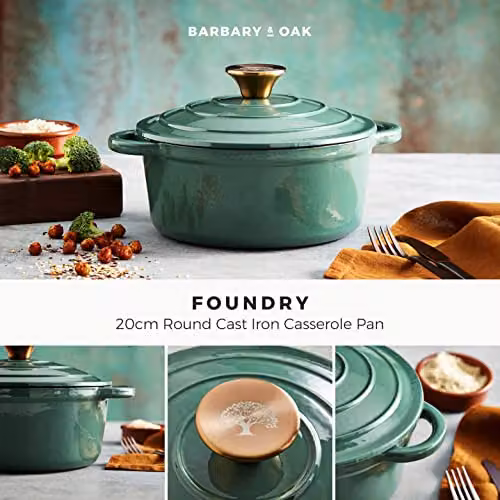 Barbary & Oak Enamelled Cast Iron Round Casserole Pan, Green, 20cm – 2