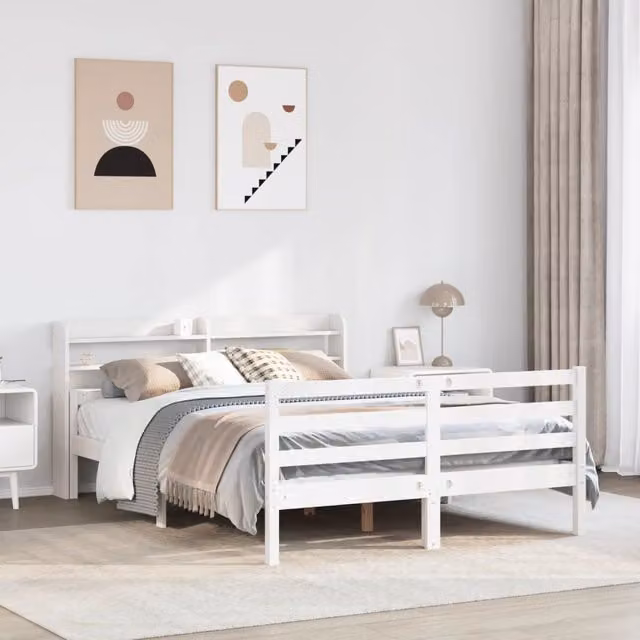 Berkfield Home White Solid Wood Bed Frame with Headboard and USB Charging Port, W/D/H: 140 x 200 cm