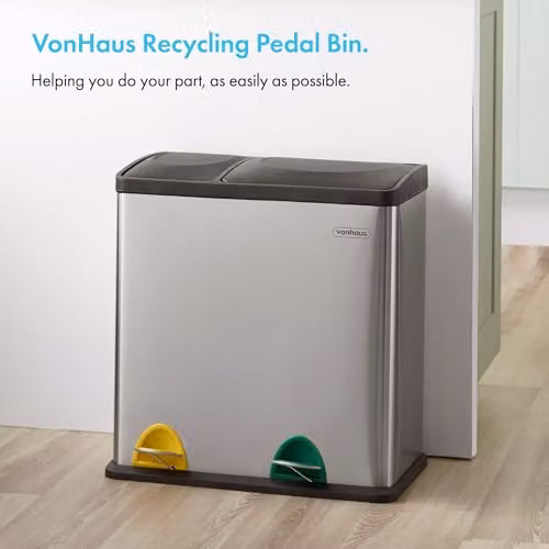 VonHaus 36L Stainless Steel Double Recycling Pedal Bin in Silver with Removable Inner Buckets – 2