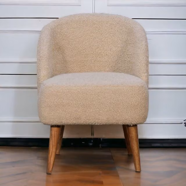 Artisan Furniture Scandinavian Mango and Oak Wood Tub Chair with Armrests in Beige and Brown Bouclé