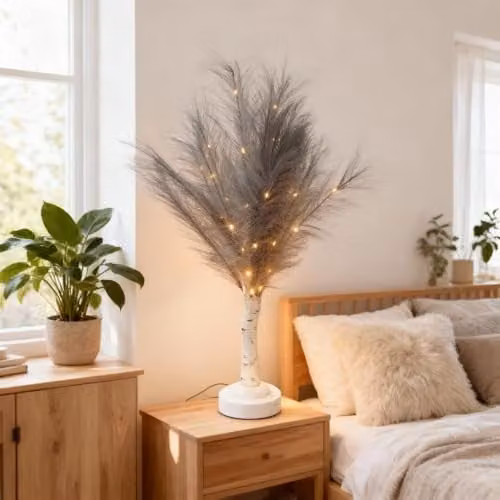 Shatchi Grey Feather Tree Table Lamp with Warm White LEDs, Battery-Operated, Height: 70 cm – 4