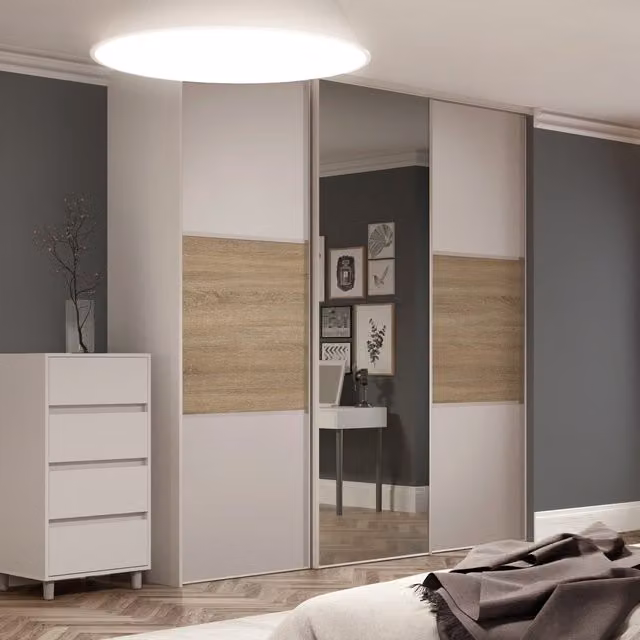 Spacepro Classic Sliding Wardrobe Door Kit in Cashmere Oak and Mirror, Height: 221.6 cm