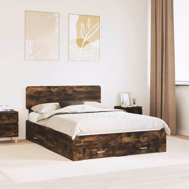 Berkfield Home Bed Frame with Drawers in Smoked Oak Brown, W/D/H: 140 x 190 cm