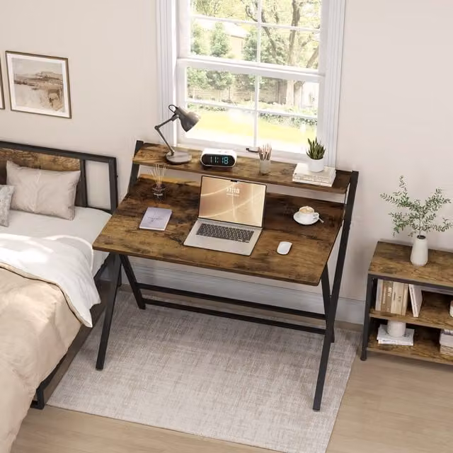 Yaheetech Foldable Computer Desk in Brown with Rectangular Top and X-Frame Design