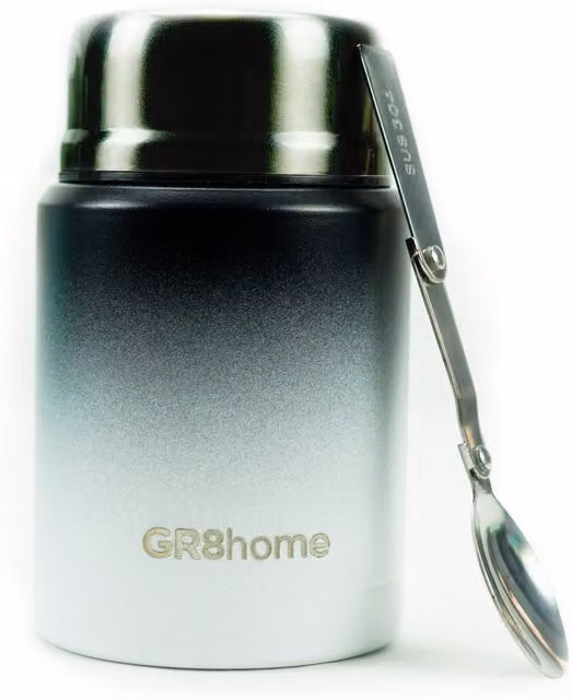Gr8 Home Vacuum Insulated Food Flask with Spoon, 500ml, Black and White