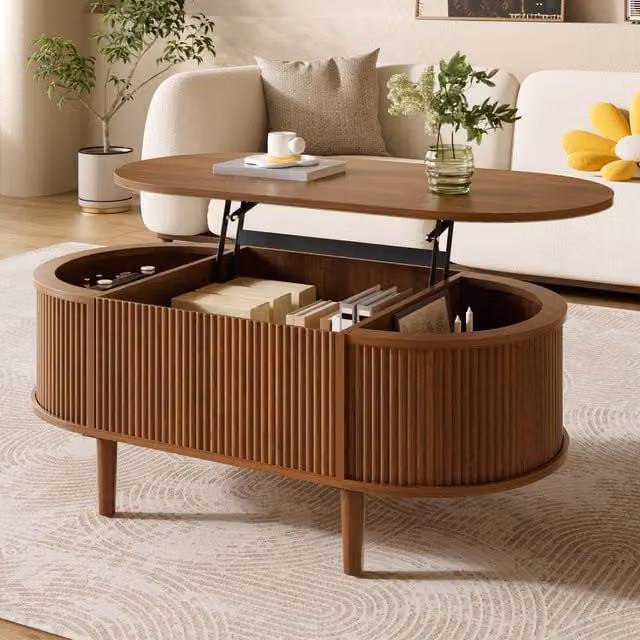 BTM Oval Lift-Top Coffee Table with Vertical Stripe Storage in Walnut Brown MDF