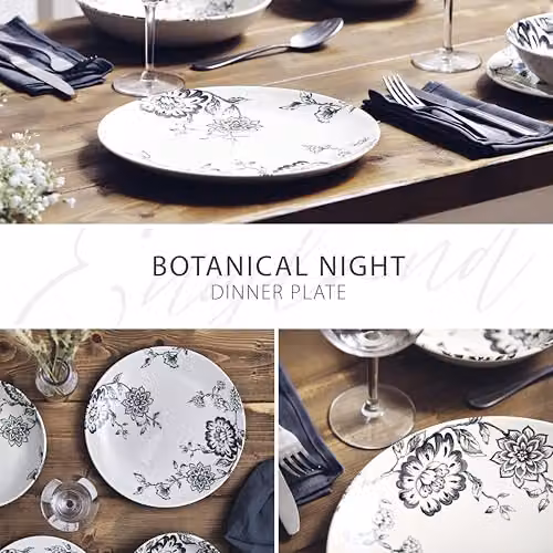Wade Albert White Botanical Night Dinner Plate in Black and White, Diameter: 28 cm – 6