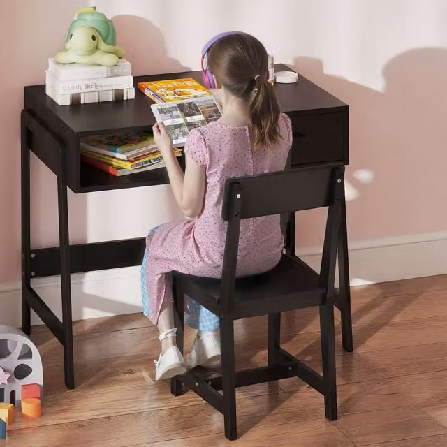 Costway Kids Study Desk and Chair Set in Black Wood