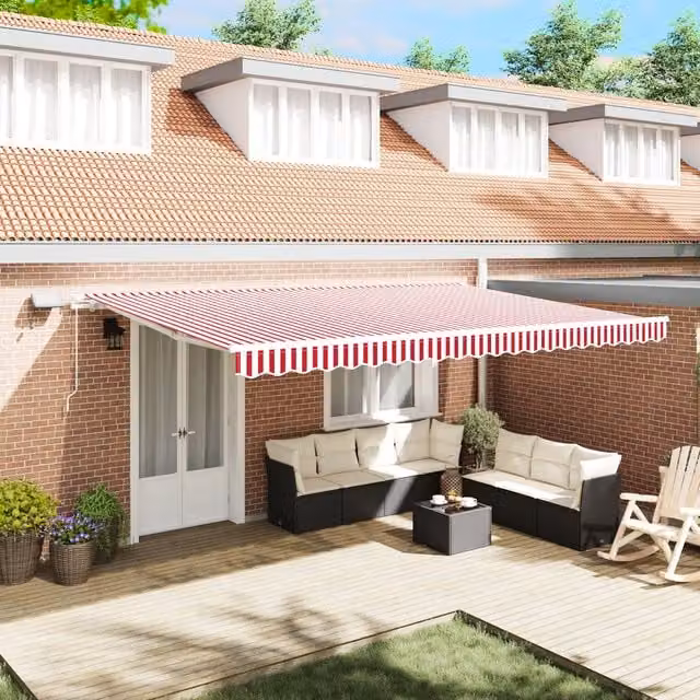 Berkfield Home Manual Retractable Wall-Mounted Folding Arm Awning with LED, Red and White Striped, W: 500 cm, D: 300 cm