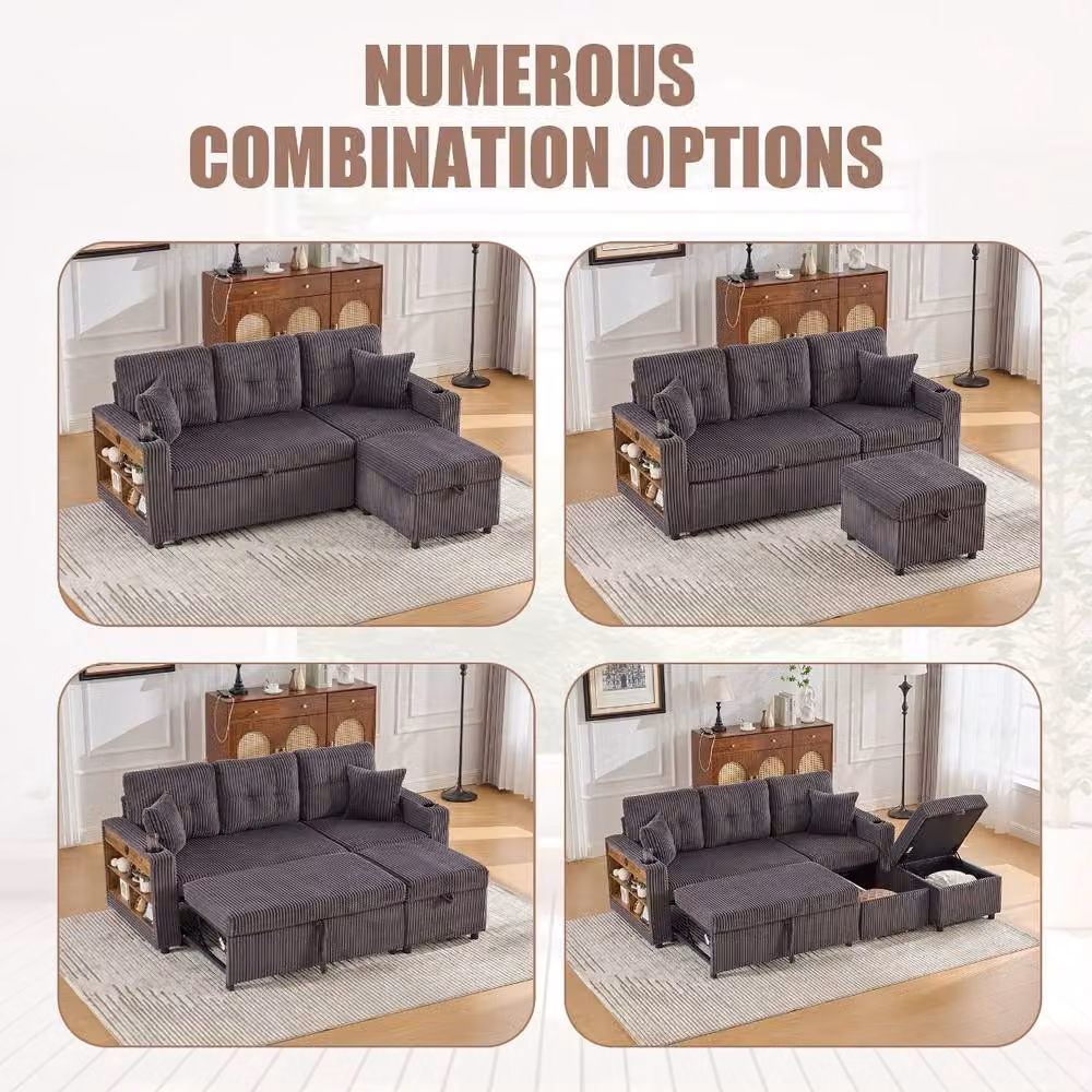 Rolipo Grey Corduroy Pull-Out Sofa Bed with Storage, USB Charging and LED Lighting – 7