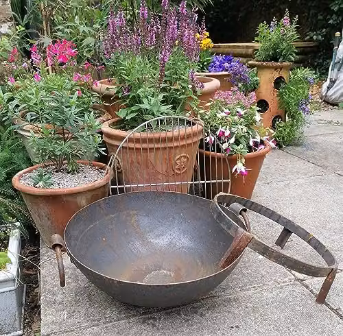 F&G Supplies 3-in-1 Steel BBQ Fire Pit Kadai Cooking Bowl with Stand and Grill, Black, Diameter: 40 cm – 3