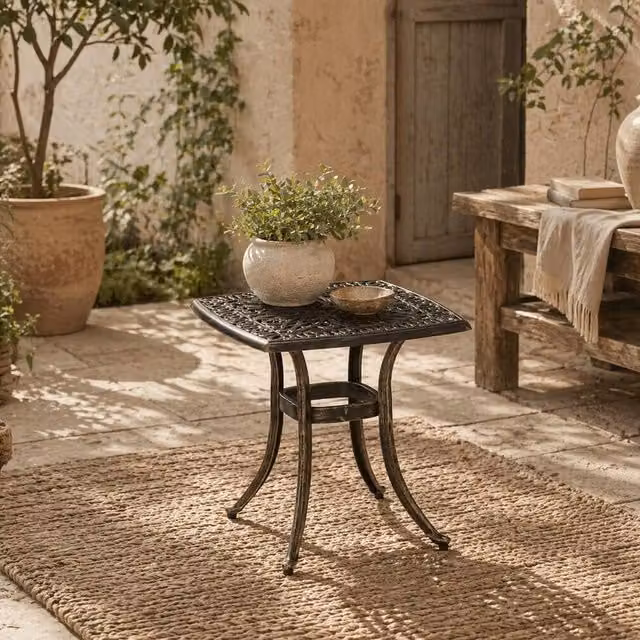 Wyld Haus Mave Cast Aluminium Bronze Patio Side Table with Central Umbrella Hole, W/D/H: 54.0 x 54.0 x 52.5 cm