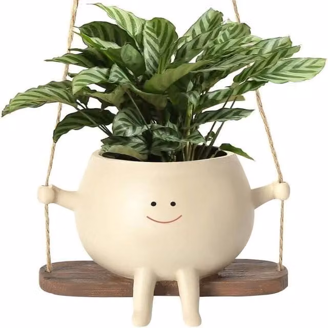 EONLION Hanging Resin Swing Face Planter Pot for Succulents in Beige – 1