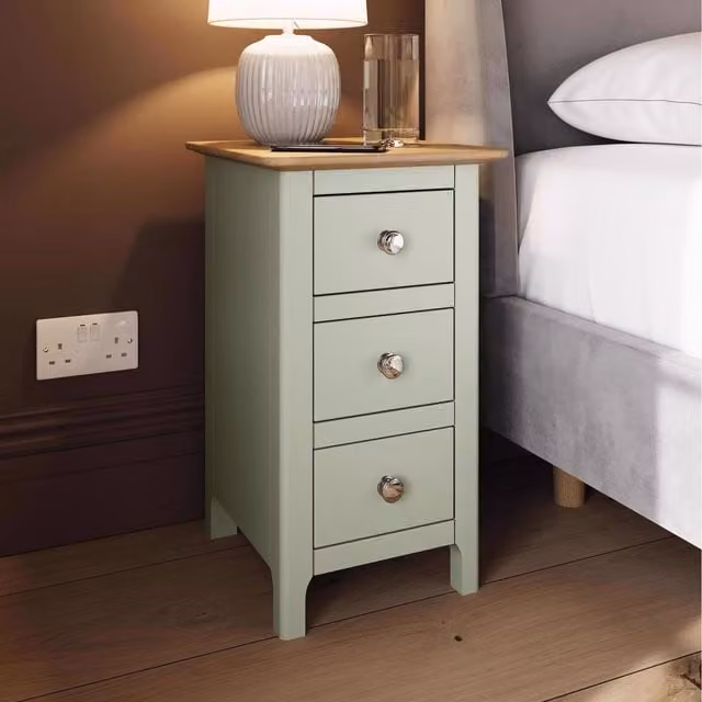 FWStyle 3 Drawer Oak Bedside Table in Sage Green, W/D/H: 35 x 34 x 58 cm