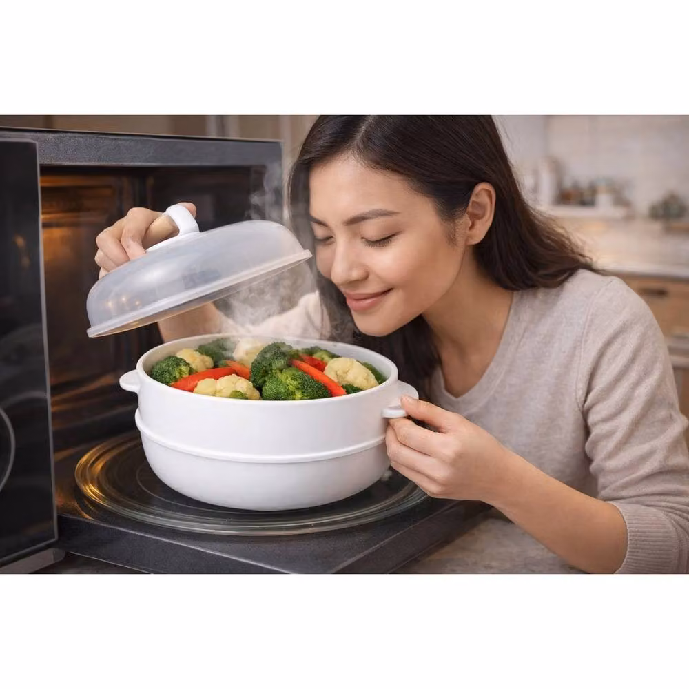 Havendro 2 Tier Microwave Vegetable Steamer Cooker Pot for Pasta and Rice in White – 2
