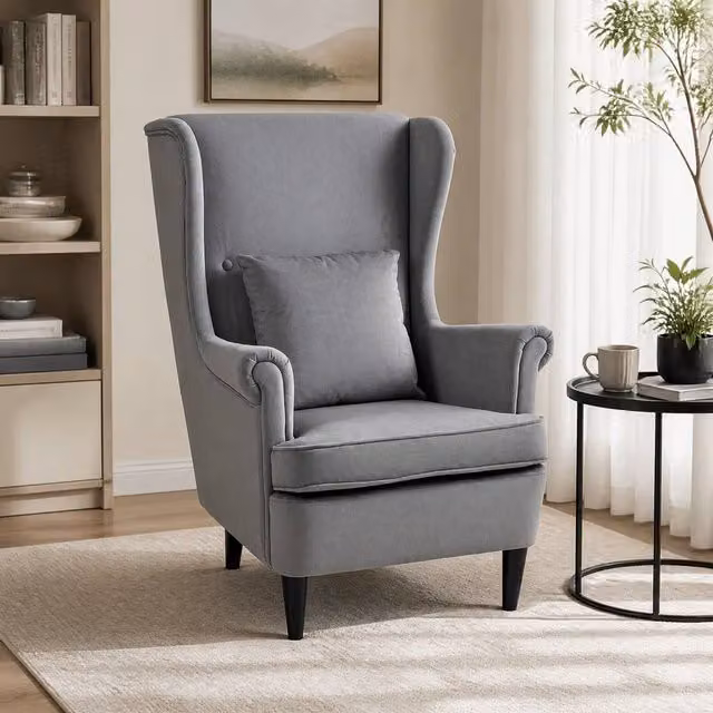 STILVORA Grey Fabric Wingback Chair with High Back, Armrests and Integrated Pillow – 1