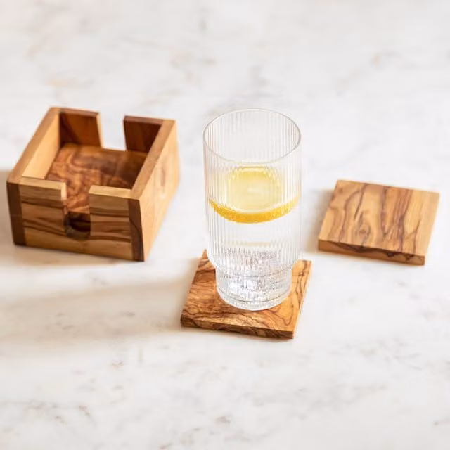 Orsina Kora Square Wood Coasters with Holder, Brown