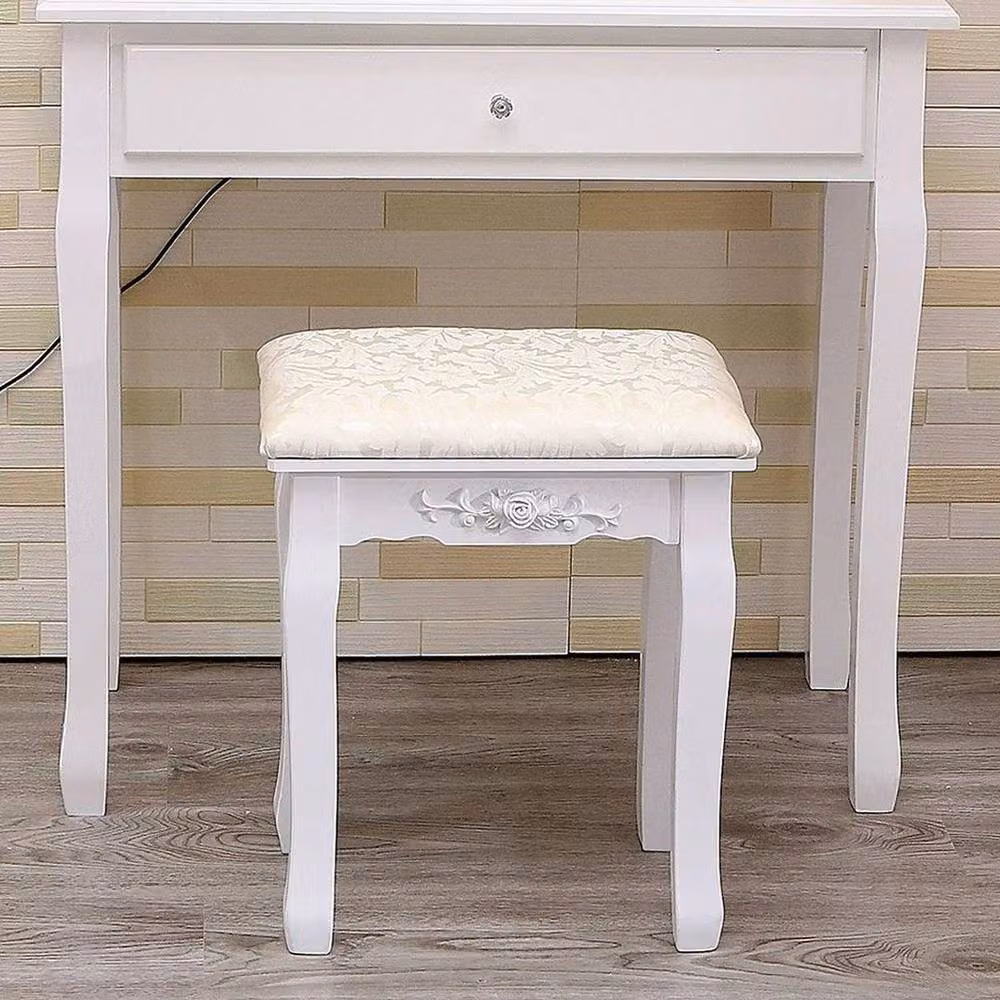 PAWNORA Beige Floral Fabric Upholstered Dressing Table Vanity Stool – 3