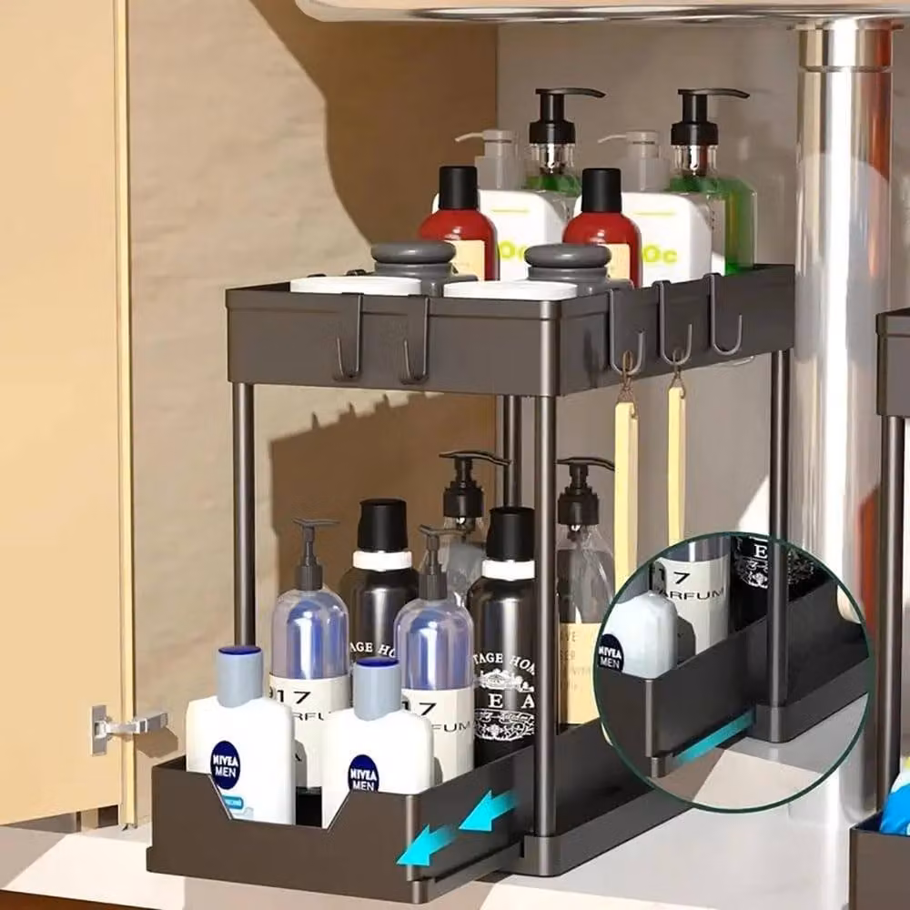 VOGREX 2-Tier Sliding Under Sink Kitchen Organiser in Black – 3