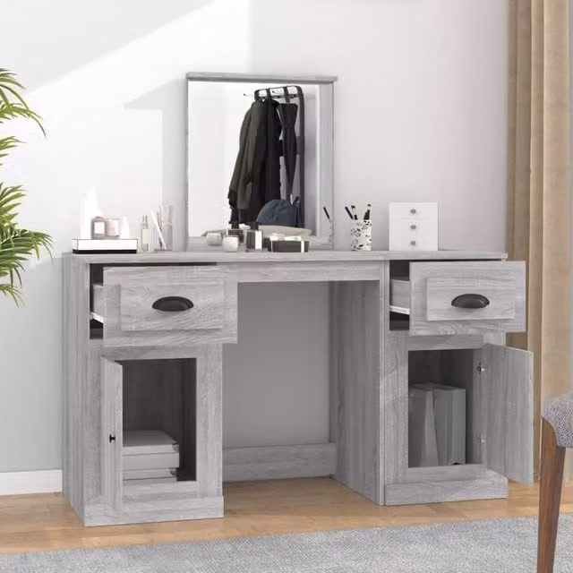 Berkfield Home Durable Dressing Table with Mirror in Grey Sonoma, W: 130 cm, D: 50 cm, H: 132.5 cm