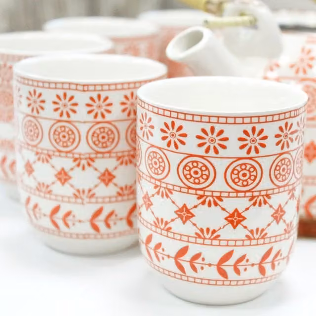 KDMK Ceramic Tea Service Set with Infuser and Cups in Orange and White