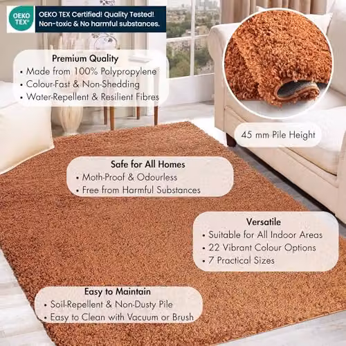 Serdim Rugs Plain Modern Shaggy Living Room Area Rug, Terracotta, W: 200 cm, L: 290 cm – 2