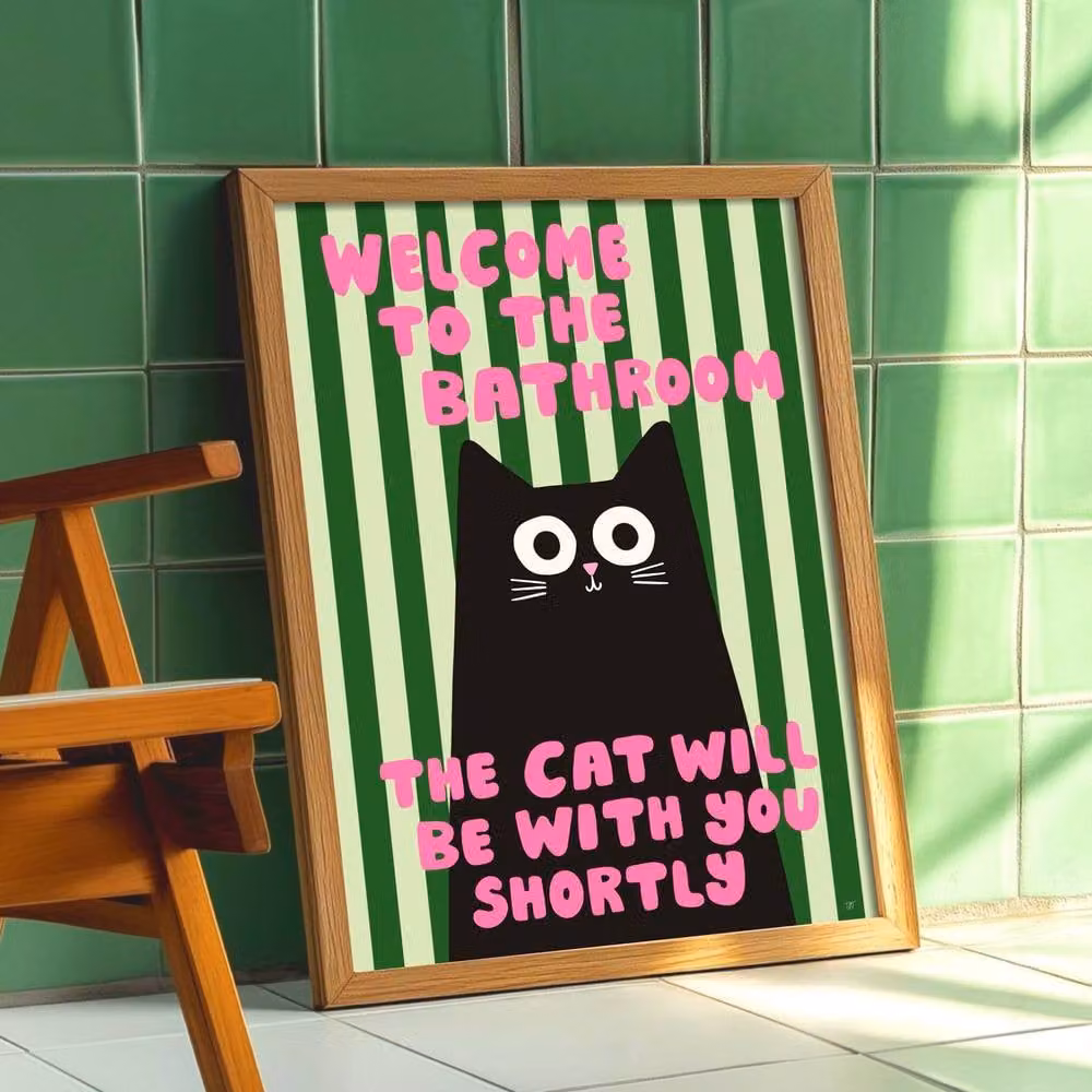 The Paper Tail Bathroom Cat Multicolour Illustration Paper Poster, W: 21.0 cm, H: 29.7 cm – 2