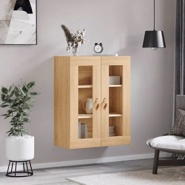 Berkfield Home Wall Mounted Cabinet with Glass Doors in Brown, W/D/H: 69.5 x 34 x 90 cm