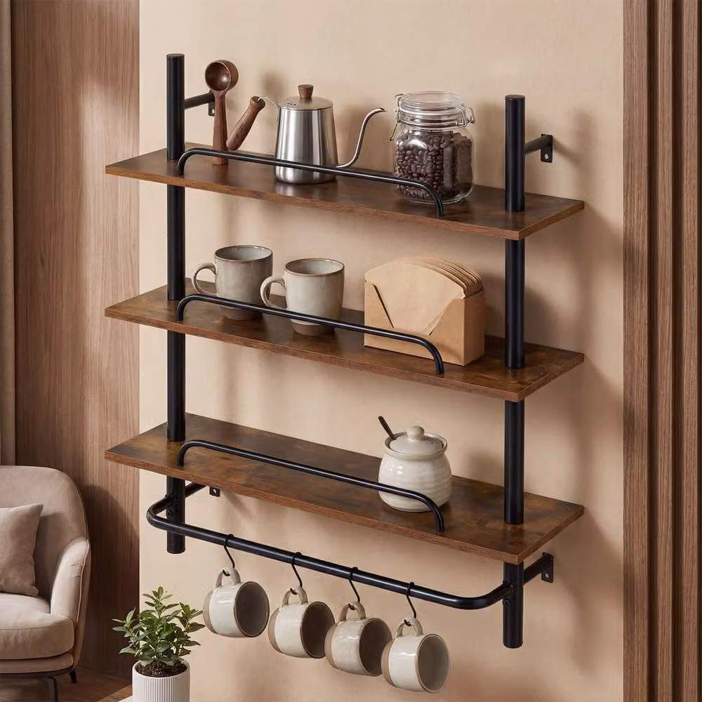 VOGREX Industrial Pipe 3-Tier Wall Mounted Floating Shelves in Brown and Black – 3
