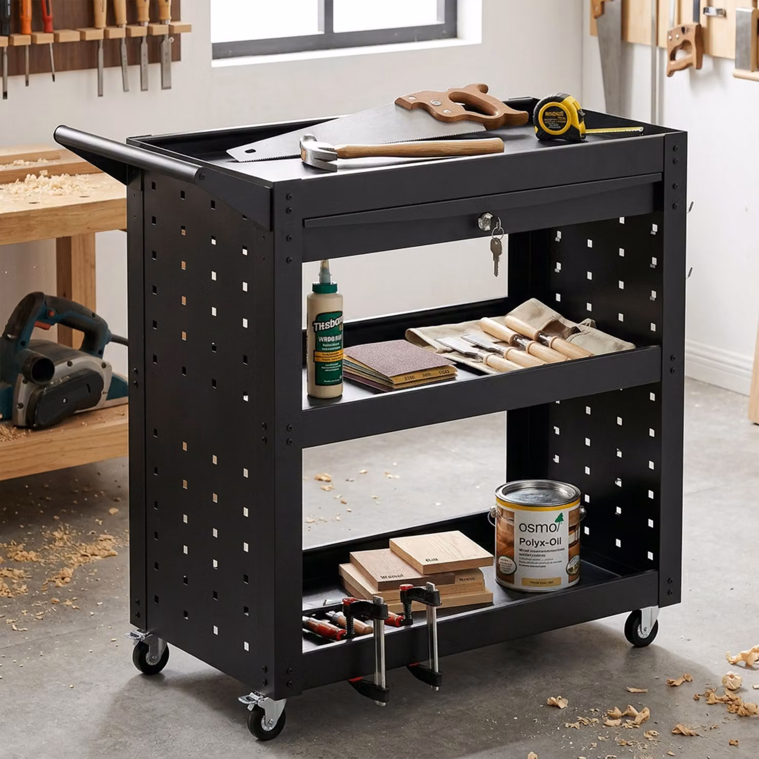 HOMCOM Black Steel Rolling Tool Cart with Lockable Wheels, 3-Tier Trays, Drawer and Pegboards, W/D/H: 78 x 35 x 90 cm – 3