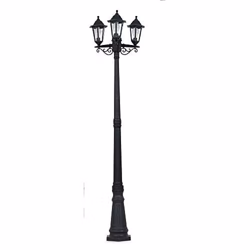 MiniSun Traditional 3 Way Black Lamp Post Light with Warm White 6W LED Bulbs, Height: 195 cm