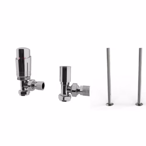 UK Radiators Talus Bold Chrome Modern Thermostatic Radiator Valve and Lockshield Set with 1/2BSP 15mm Angled Connection