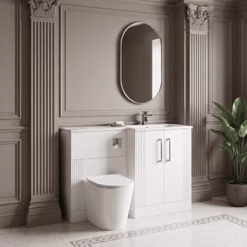 Balterley Belvide Retro Partially Fluted Floor Standing 2 Door Vanity Basin WC Combination Unit with Carrera Marble Stone Basin, Satin White, W/D/H: 110 x 39 x 85.8 cm – 3