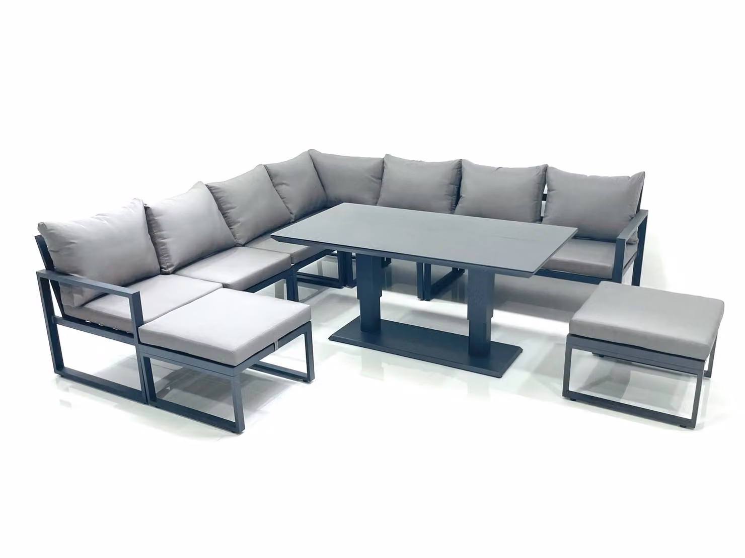 Fimous 9 Seater Outdoor Garden Furniture Set with Corner Sofa, 2 Big Footstools and Adjustable Rising Dining Table in Dark Grey Aluminium – 2