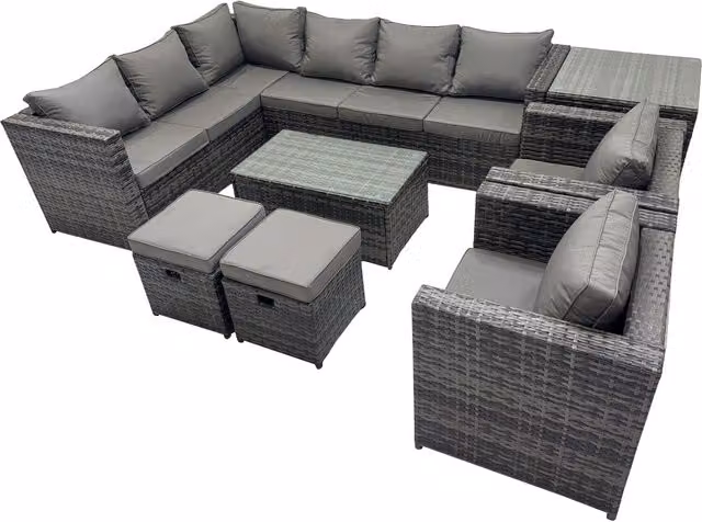 Fimous L-Shape Outdoor Rattan Garden Corner Sofa Set with Coffee Table and Ottoman in Grey