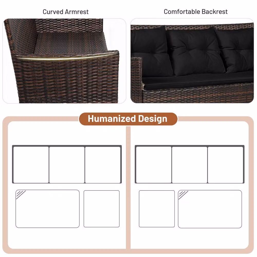 Costway 3 Piece Outdoor PE Rattan Patio Conversation Set in Black with Upholstered Cushions, 3 Seater Sofa, Coffee Table and Ottoman – 8