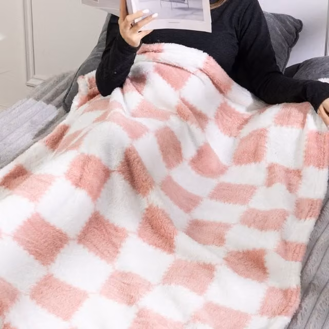Livingandhome Reversible Checked Throw Blanket in Pink and White, W: 150 cm, D: 100 cm