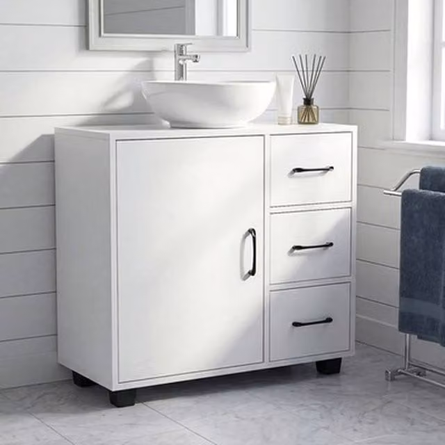 NESTLUNE Modern White Under Sink Bathroom Basin Unit with Hinged Doors and Internal Shelves