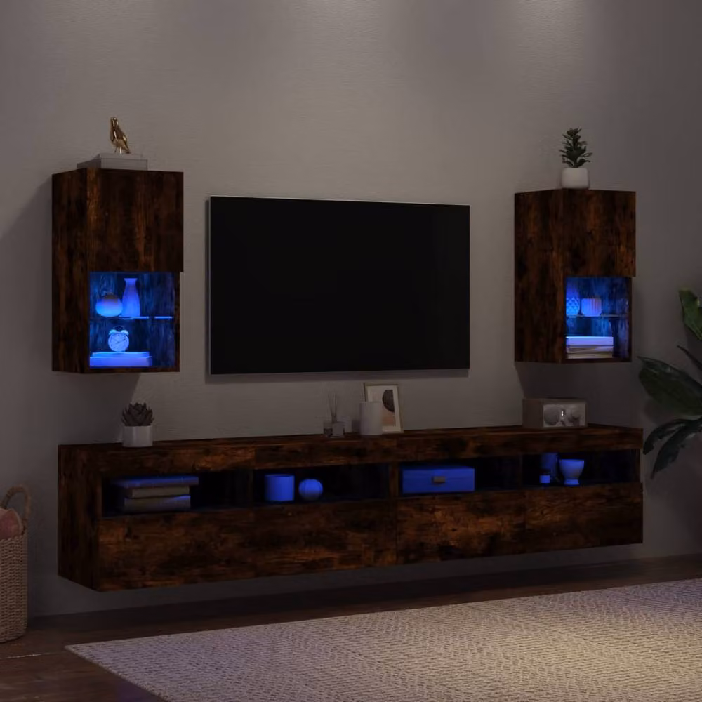 Berkfield Home Set of 2 Modern TV Cabinets with LED Lights in Smoked Oak Brown, W/D/H: 30.5 x 30 x 60 cm – 3