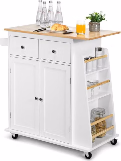 COSTWAY White Rolling Kitchen Island Storage Cabinet Trolley with Hinged Doors and Internal Shelves