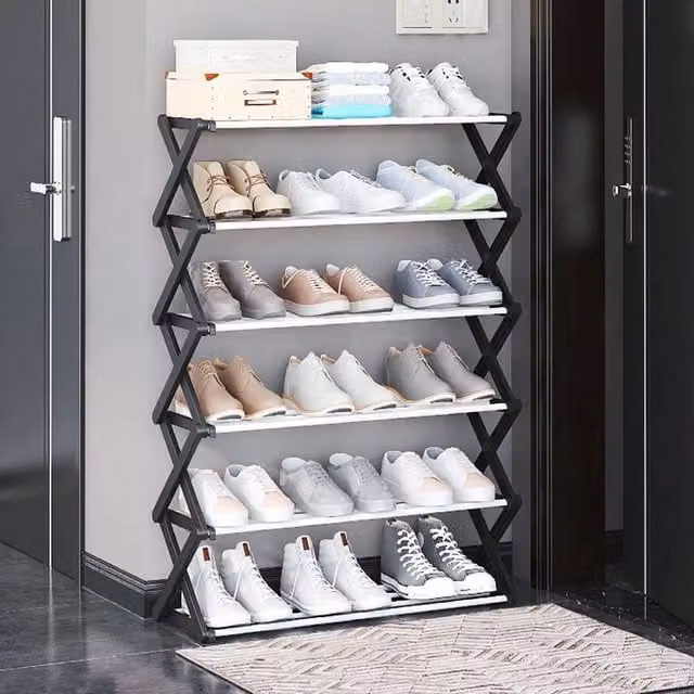 KORVIXA 6 Tier Foldable Metal Shoe Rack in Black and White, Width: 90 cm – 1